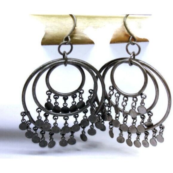 Big Multi Moving Circles Silver Tone Vertical Drop Dangle Hook Earrings Womans - Picture 4 of 6